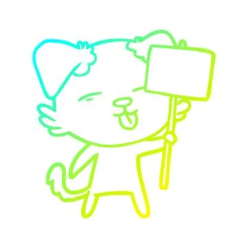 Cold gradient line drawing cartoon dog holding sign post Stock Illustration