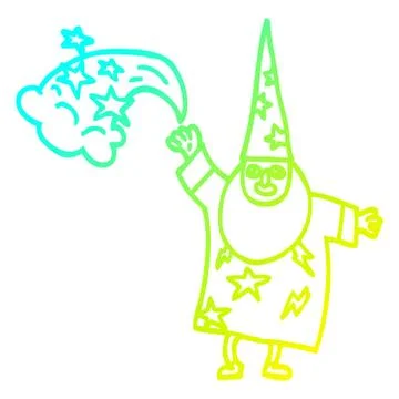 Cold gradient line drawing cartoon wizard casting spell Ilustração Stock