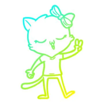 Cold gradient line drawing cartoon cat with bow on head giving peace sign Stock Illustration