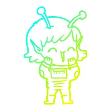 Cold gradient line drawing cartoon alien girl giggling Stock Illustration