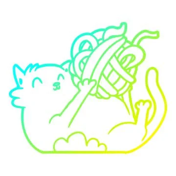 Cold gradient line drawing cartoon cat playing with ball of string Stock Illustration