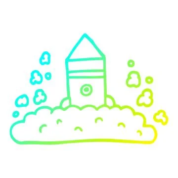 Cold gradient line drawing cartoon rocket launching Stock Illustration