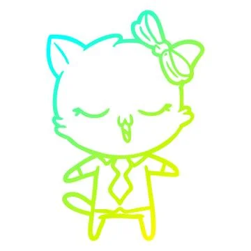 Cold gradient line drawing cartoon cat with bow on head Stock Illustration