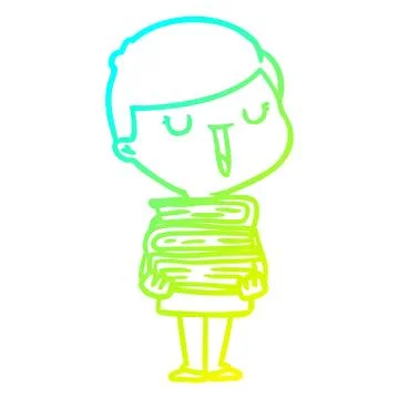 Cold gradient line drawing cartoon happy boy with stack of books Stock Illustration