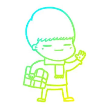 Cold gradient line drawing cartoon smug boy carrying present Stock Illustration