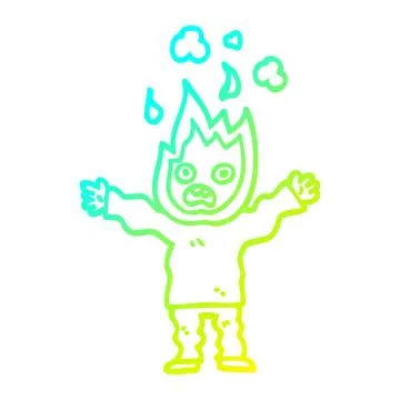 Cold gradient line drawing cartoon man with head on fire Stock Illustration
