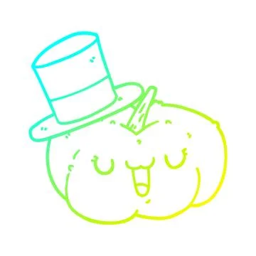 Cold gradient line drawing cartoon pumpkin wearing hat Illustrazione stock