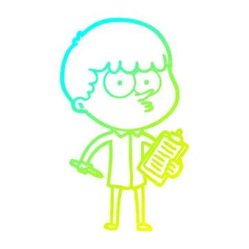 Cold gradient line drawing cartoon curious boy taking notes Illustrazione stock