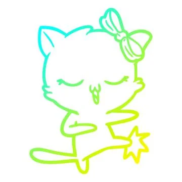 Cold gradient line drawing cartoon cat with bow on head Stock Illustration