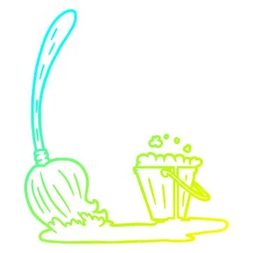 Cold gradient line drawing cartoon mop and bucket Stock-Illustration