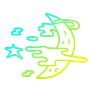 Cold gradient line drawing cartoon spooky moon and clouds 스톡 일러스트