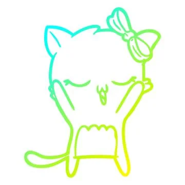 Cold gradient line drawing cartoon cat with bow on head Stock Illustration