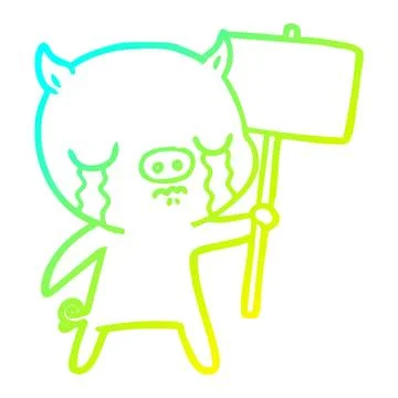 Cold gradient line drawing cartoon crying pig with sign post Stock Illustration