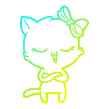 Cold gradient line drawing cartoon cat with bow on head Stock Illustration