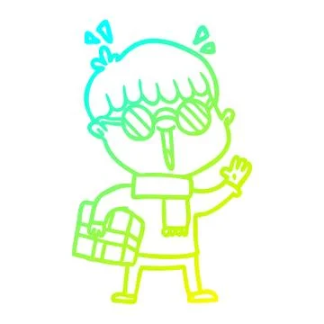 Cold gradient line drawing cartoon boy with parcel waving Illustrazione stock