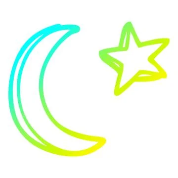 Cold gradient line drawing cartoon moon and star shape Ilustração Stock