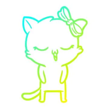 Cold gradient line drawing cartoon cat with bow on head Stock Illustration