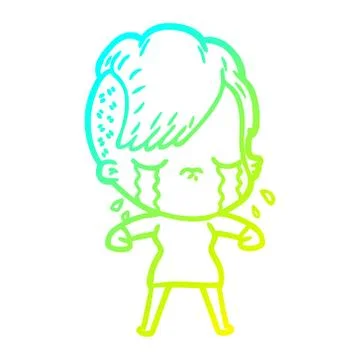 Cold gradient line drawing cartoon crying girl Stock Illustration