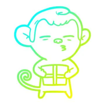 Cold gradient line drawing cartoon suspicious monkey with present Stock Illustration
