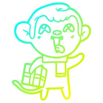Cold gradient line drawing crazy cartoon monkey with christmas present Stock Illustration