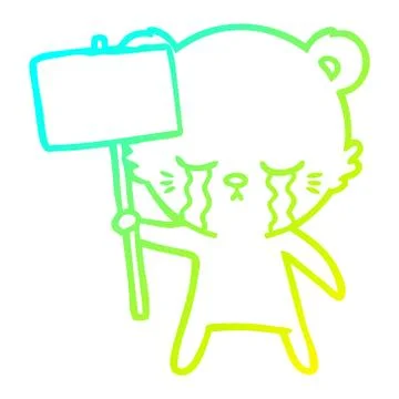 Cold gradient line drawing crying cartoon bear with sign post Stock Illustration