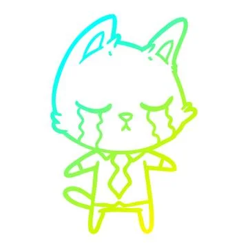 Cold gradient line drawing crying cartoon office worker cat Stock Illustration