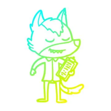 Cold gradient line drawing friendly cartoon wolf with notes Stock Illustration