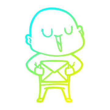 Cold gradient line drawing happy cartoon bald man with package Illustrazione stock