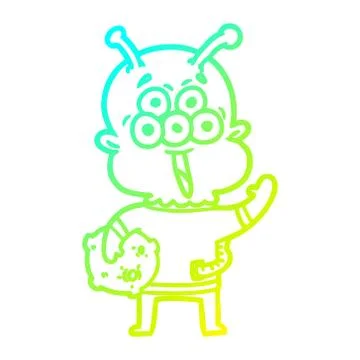 Cold gradient line drawing happy cartoon alien with moon rock Ilustração Stock