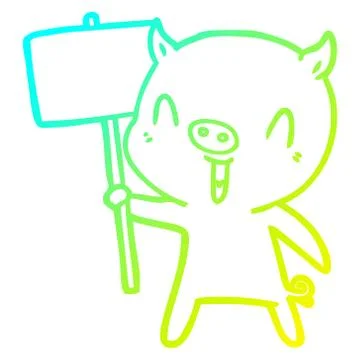 Cold gradient line drawing happy cartoon pig with sign post Stock Illustration