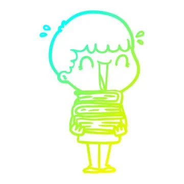 Cold gradient line drawing laughing cartoon man holding stack of books Stock Illustration