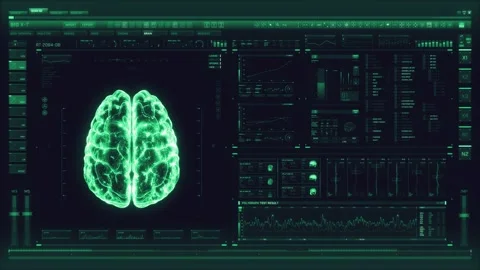 Cold green futuristic interface analyzing human brain anatomy and morphology Stock Footage 144988658