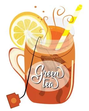 Cold iced tea with ice. Served in a jar with a paper straw. Stock Illustration