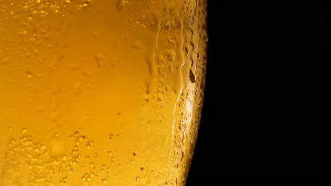 Cold light beer with bubbles in a glass and dripping condensate drops. Stock Footage 155686196