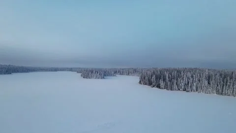 Cold looking winter aerial moving forward over a frozen snow-covered lake Stock Footage 228968619