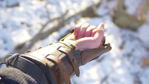 Cold man in winter leather armor larp Stock Footage 71337233