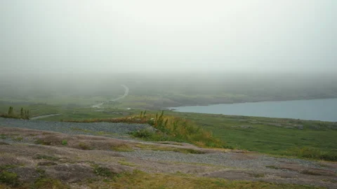A cold mist blows across the desolate shoreline of Cape Spear Stock Footage 284681968