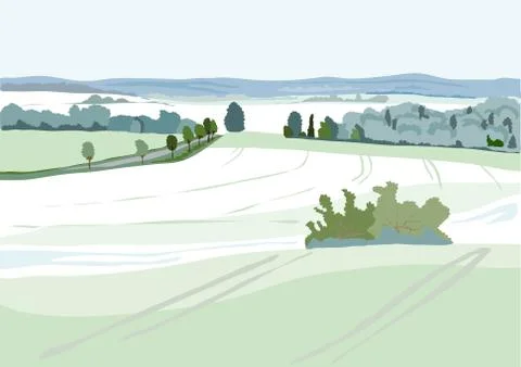 Cold morning in a landscape with fields Stock Illustration