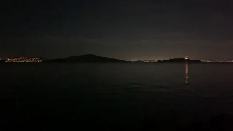 Cold Night Alcatraz City Lights in San Francisco and Oakland Bay Area Pan 4K Stock Footage