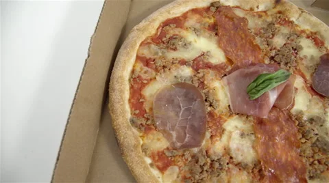 Cold pizza in a box. 4K UHD Stock Footage 48846156