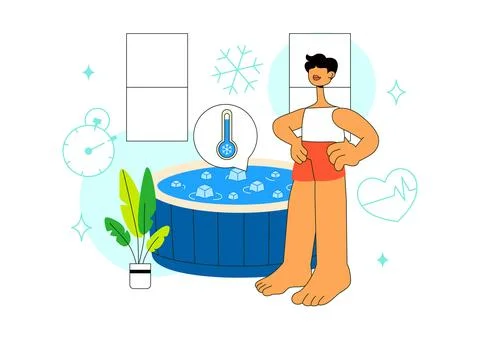 Cold Plunge Therapy Vector Illustration Featuring Ice Bath Recovery, Wellne.. Stock Illustration