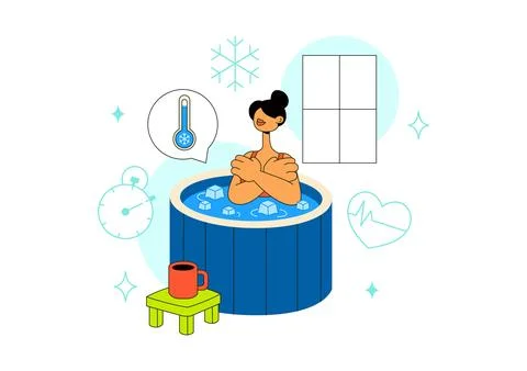 Cold Plunge Therapy Vector Illustration Featuring Ice Bath Recovery, Wellne.. Stock Illustration