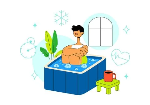 Cold Plunge Therapy Vector Illustration Featuring Ice Bath Recovery, Wellne.. Stock Illustration