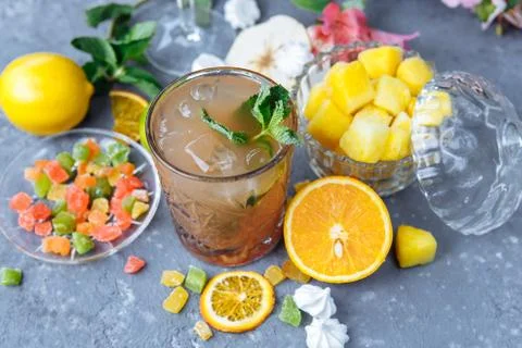 Cold refreshing pineapple cocktail with lime and mint for a hot summer day on Stock Photos
