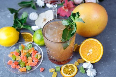 Cold refreshing pineapple cocktail with lime and mint for a hot summer day on Stock Photos