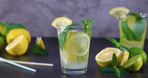 Cold refreshing summer lemonade with mint in a glass Stock Footage 109486187