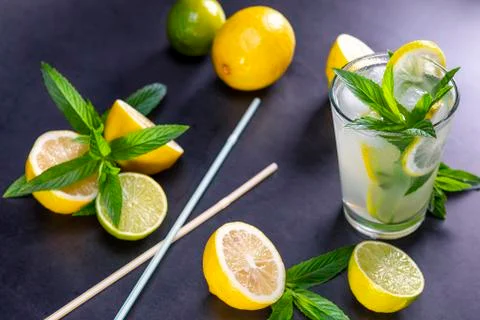 Cold refreshing summer lemonade with mint in a glass Stock Photos