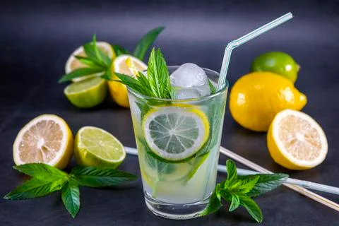 Cold refreshing summer lemonade with mint in a glass Stock Photos