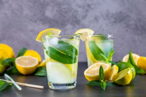 Cold refreshing summer lemonade with mint in a glass 스톡 사진