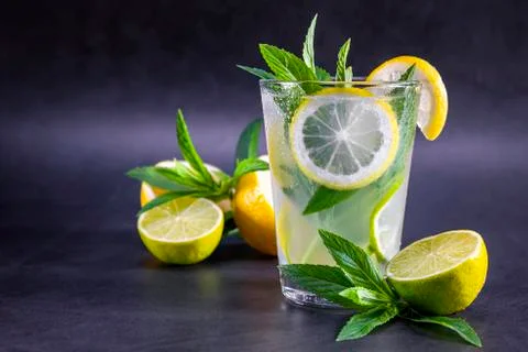 Cold refreshing summer lemonade with mint in a glass 스톡 사진